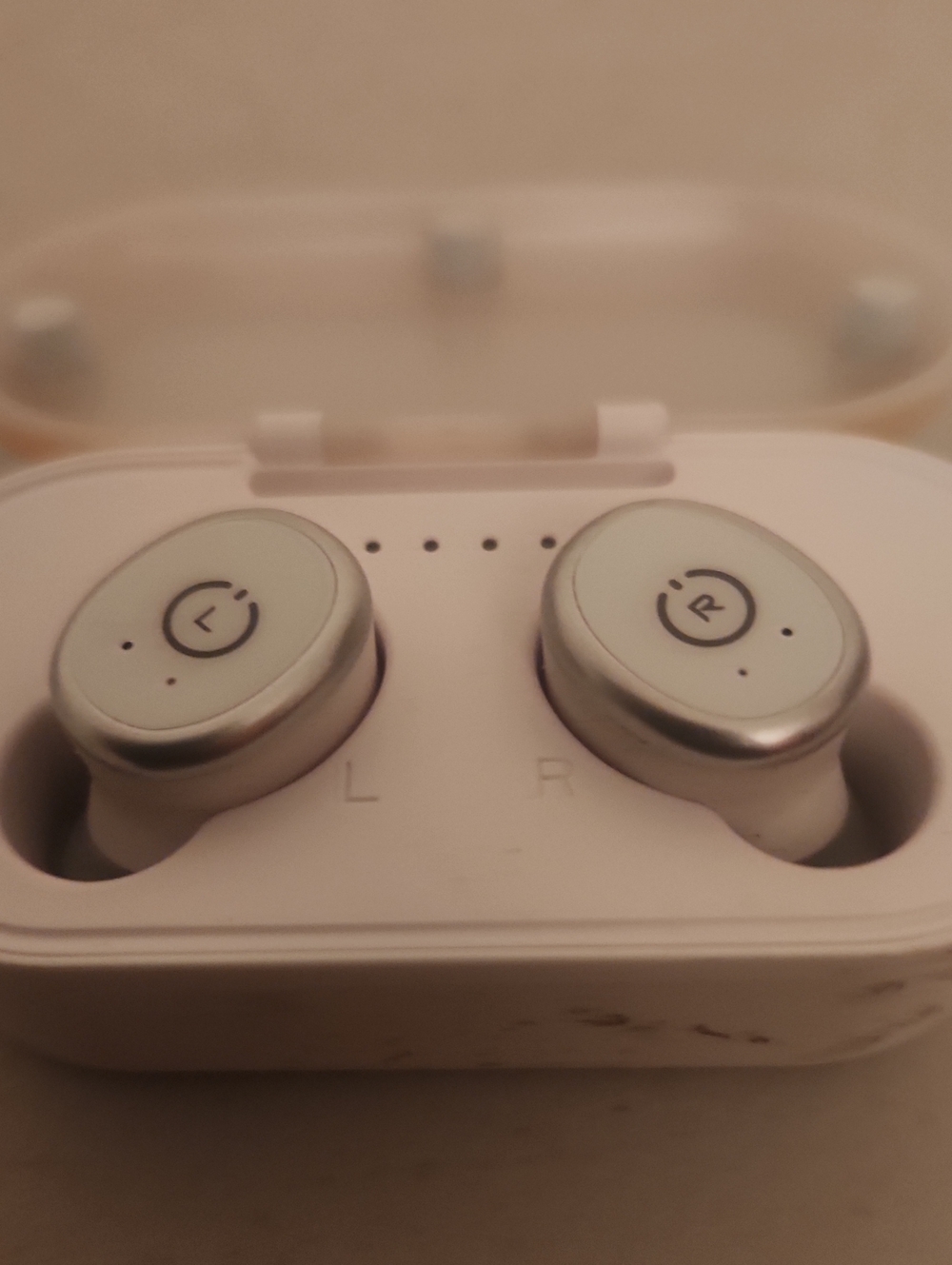 True Wireless Bluetooth Earbuds in White and Silver with Portable Charging Case